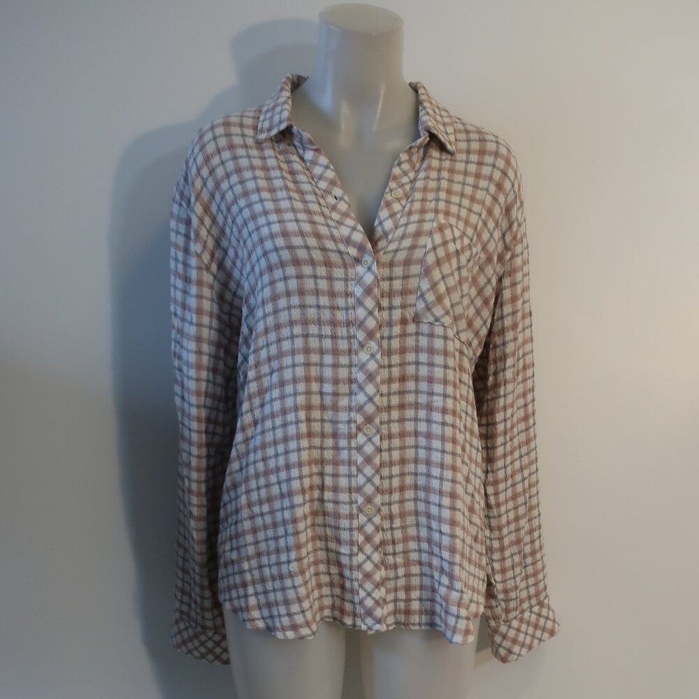 Plaid Button-Front Long-Sleeve Women's Shirt - Beige Multi